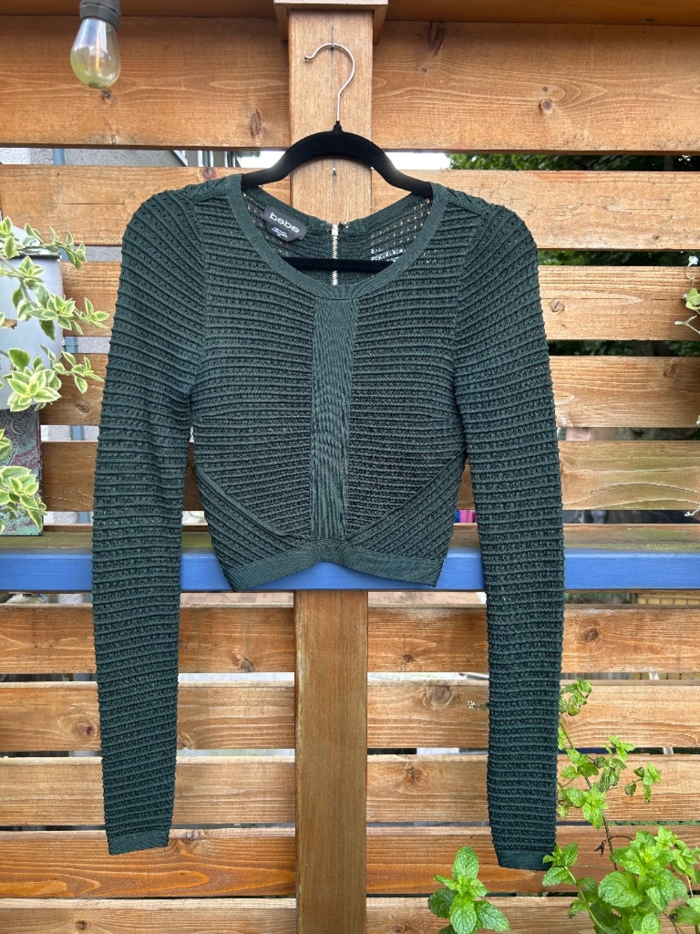 Bebe Dark Green Textured Knit Cropped Long Sleeve Top
